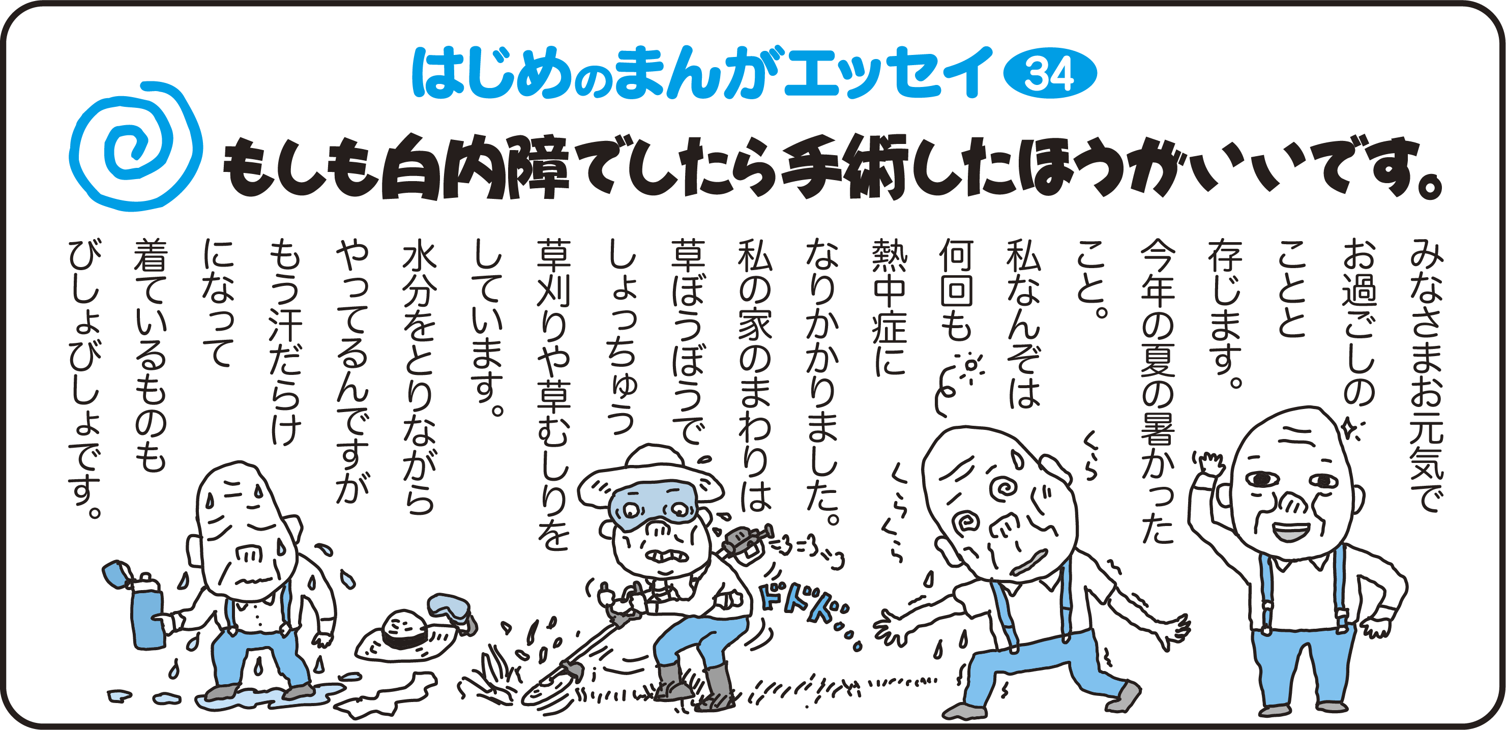 はじめのまんがエッセイ34　もしも白内障でしたら手術したほうがいいです。　　
				みなさまお元気でお過ごしのことと存じます。
				今年の夏の暑かったこと。
				私なんぞは何回も熱中症になりかかりました。
				私の家のまわりは草ぼうぼうでしょっちゅう草刈りや草むしりをしています。
				水分をとりながらやってるんですがもう汗だらけになって着ているものもびしょびしょです。